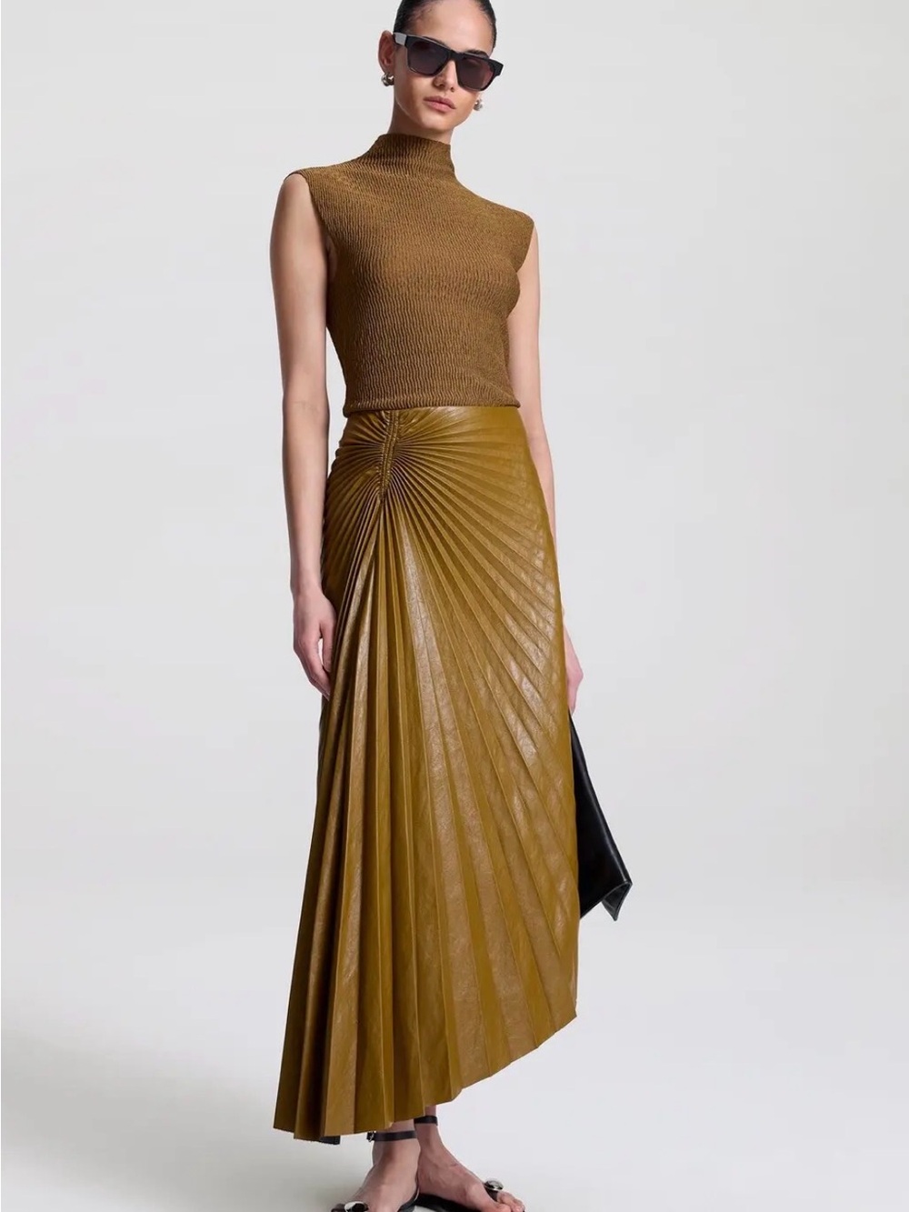 A.L.C. Olive Pleated Faux-Leather Maxi Skirt and sleeveless knit Turtleneck NWT